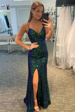Shiny V Neck Mermaid Backless Green Long Prom Dresses, Mermaid Green Formal Dresses, Backless Green Evening Dresses HZ1023