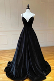 A Line V Neck Backless Black Velvet Long Prom Dresses, V Neck Black Formal Dresses, Black Velvet Evening Dresses HZ1023