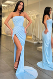 Light Blue Long Mermaid Evening Dress Strapless Split HZ1023