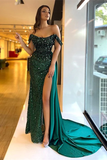 Stunning Dark Green Off-the-Shoulder Sequins Prom Dress Split Long HZ1023