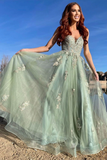 Green V-neck Tulle Lace Appliques Long Prom Dress HZ1023