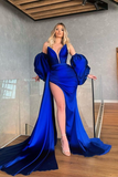 Stunning royal blue detachable sleeves long mermaid ball gown prom dress evening gown with slits HZ1023