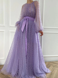 Purple round neck tulle beaded long ball gown, purple evening dress HZ1023