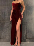 Mermaid Burgundy Velvet Modest Long Prom Dresses With Split Evening Dress HZ1023