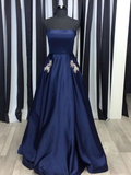 Elegant A-Line Spaghetti Straps Dark Blue Satin Prom Dress with Beading Pockets HZ1023