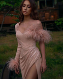 one shoulder pink prom dress with sexy leg slit HZ1023