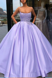 Purple Ball Gown Spaghetti Straps Satin Sweet 16 Dress With Pocket Quinceanera Dress HZ1023
