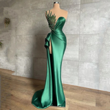 Green luxury gorgeous beaded gown long elegant satin sexy slit prom dress evening gown party dress HZ1023