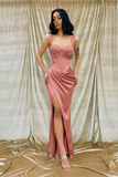 Dusty Rose Prom Dress Long With Slit Sleeveless Straps HZ1023
