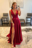 Burgundy V Neck Lace Long Prom Evening Dress With High Slit HZ1023