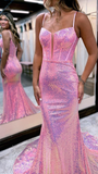 Sparkly Spaghetti Straps Sweetheart Sequined Column Prom Formal Dress HZ1023