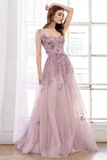 One Shoulder Tulle Sleeveless Long Prom Dresses Lace Appliques Beaded Formal Girl Party Gown HZ1023