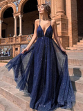 A Line V Neck Backless Blue Prom Dresses, V Neck Blue Backless Formal Graduation Evening Dresses HZ1023