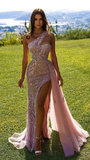 Pink Glitter Sequin Mermaid Long One Shoulder Applique High Slit Formal Prom Dress Tulle Trailing Evening Gown Party Dress HZ1023