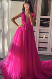Plum red v neck tulle long prom dress tulle formal dress HZ1023