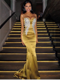 Golden Evening Dresses Long Cheap With Lace Mermaid Evening Wear Prom Dresses HZ1023