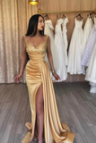 Champagne V-Neck Sleeveless Prom Dress Mermaid Sequins Slit HZ1023