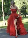 Strapless Red Tulle Long Prom Dresses, Red Tulle Long Formal Evening Dresses HZ1023