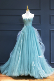 Green Lace Tulle A-Line Long Formal Dress, Green Strapless Evening Dress HZ1023