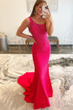 Red One Shoulder Beaded Mermaid Long Prom Dress HZ1023