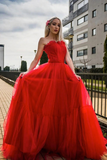 Red tulle long prom dress red tulle formal dress HZ1023
