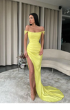 Yellow Off Shoulder Mermaid Side Slit Long Prom Dress With Train,Party Dress,Evening Dress ,Slit Dress HZ1023