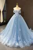 Light Sky Blue Off The Shoulder Ball Gown Tulle Prom Dress With Applique HZ1023