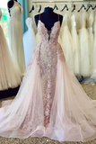 Spaghetti Straps Beads Appliques V Neck Pink Prom Dresses with Detachable Train HZ1023