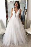 A Line Deep V Neck Ball Gown Prom Dresses Open Back White Evening Dresses HZ1023