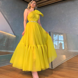 One Shoulder Yellow Tulle Short Prom Dress Tea Length Homecoming Dress Princess Women Party Gowns Plus Size HZ1023