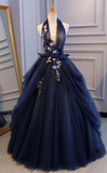 Ball Gown Blue Tulle Lace Long Prom Dresses Deep V Neck Backless Evening Dresses HZ1023