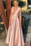 Fashion A Line Deep V Neck Pink Beaded Open Back Prom Dresses Evening Formal Dress HZ1023