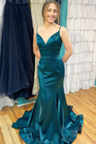 Blue satin long prom dress mermaid evening dress HZ1023