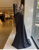 black prom dresses, long sleeve prom dresses, hand made flowers prom dresses, black evening dresses, long sleeve evening gowns HZ1023