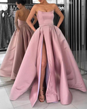 Strapless Bodice Corset Long Satin Leg Split Evening Dresses Prom Dress HZ1023