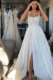 White fantasy square neck slit lace applique long tulle backless bridal gown wedding dress HZ1023