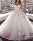 Off Shoulder Tulle Ball Gown Wedding Dresses Floral Flowers Beaded HZ1023