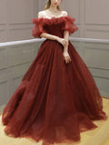 Burgundy Off Shoulder A Line Formal Evening Dress Tulle Long Prom Dress HZ1023