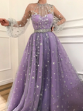 Long Sleeve Prom Dresses High Neck A-line Sparkly Star Lace Lilac Long Prom Dress HZ1023