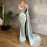 Mermaid Evening Dress Prom Gowns Sexy Beaded Stones Pleat Satin Formal Party Dresses with Long Shawl HZ1023