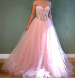 Light Pink A Line Prom Dress,Crustal Beaded Long Evening Dresses HZ1023