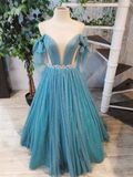 BLUE ROUND NECK TULLE SEQUIN LONG PROM DRESS, BLUE EVENING DRESS HZ1023