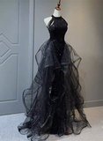 High Neckline Black Halter Shiny Tulle And Sequins Party Dress, Black Tulle Prom Dress HZ1023