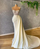 Luxury Pearls Spaghetti Evening Dress Beading Sequins Ruched Prom Gowns Satin Sweep Train Mermaid Party Dresses HZ1023