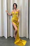 Elegant Designer Yellow Sleeveless Mermaid Prom Dress With Slit HZ1023