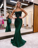 Dark green shiny glamorous mermaid slim round neck long satin prom dress evening gown party dress with beading HZ1023