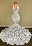white sparkly lace prom dresses long mermaid halter luxury sexy elegant formal party dresses HZ1023