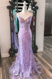 Lavender Floral Appliques Split Neck Mermaid Long Prom Dress HZ1023