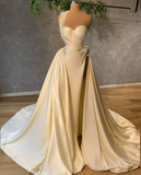 One Shoulder Pearls Satin Bridal Gown evening dress HZ1023