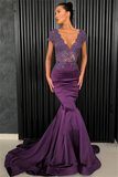 Chic V-neck short sleeve evening gown mermaid beaded long dress HZ1023